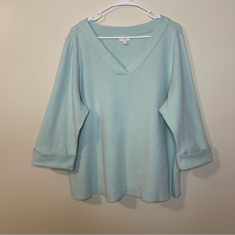 J. Jill Robin's Egg Blue V Neck Ottoman-Knit Textured Rolled-Cuff Top 2X Sweater